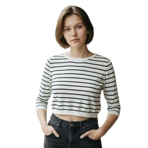 Club Monaco Nautical Ivory White and Black Half Sleeve Stretchy Crop Top XS
